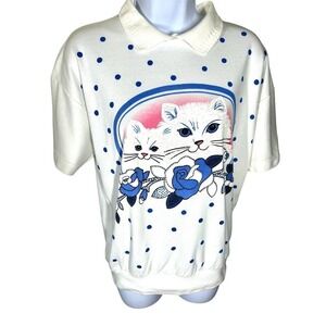 Karen Blake Vintage 80's USA Cat Textured Blue & White Top Women's Size Small